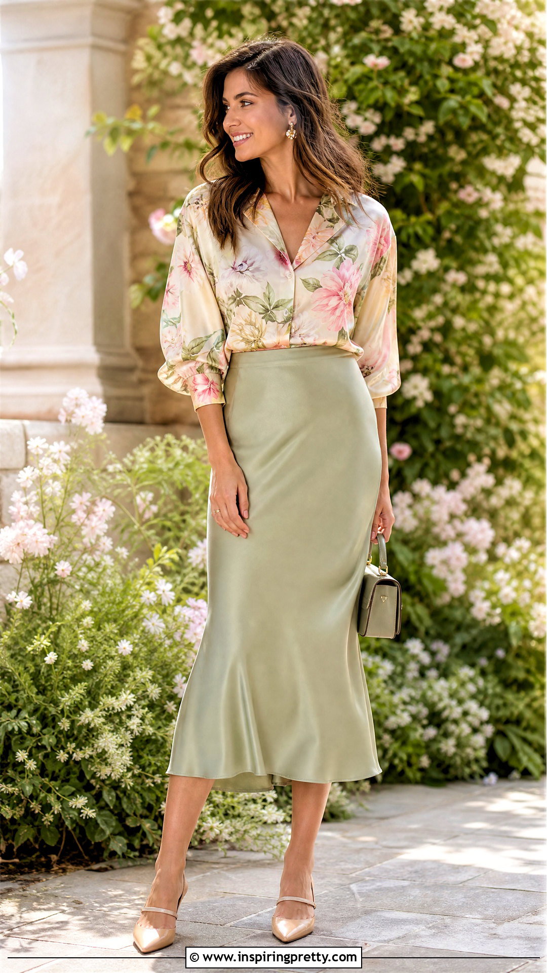 Designer Floral Silk Top With Slip Skirt - 50 designer tops outfit ideas