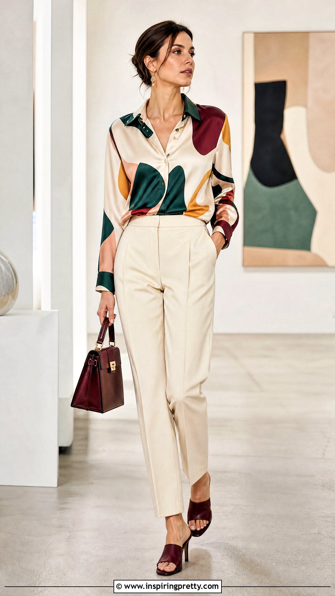 Designer Printed Blouse With Neutral Trousers - 50 designer tops outfit ideas