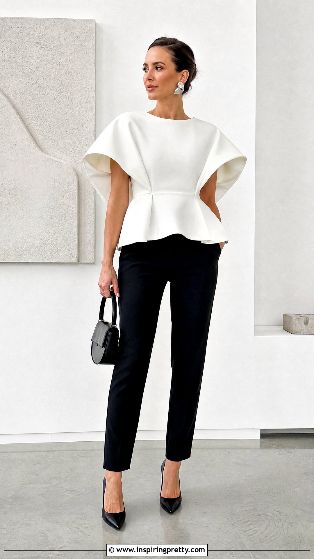 Designer Sculptural White Top With Black Pants - 50 designer tops outfit ideas