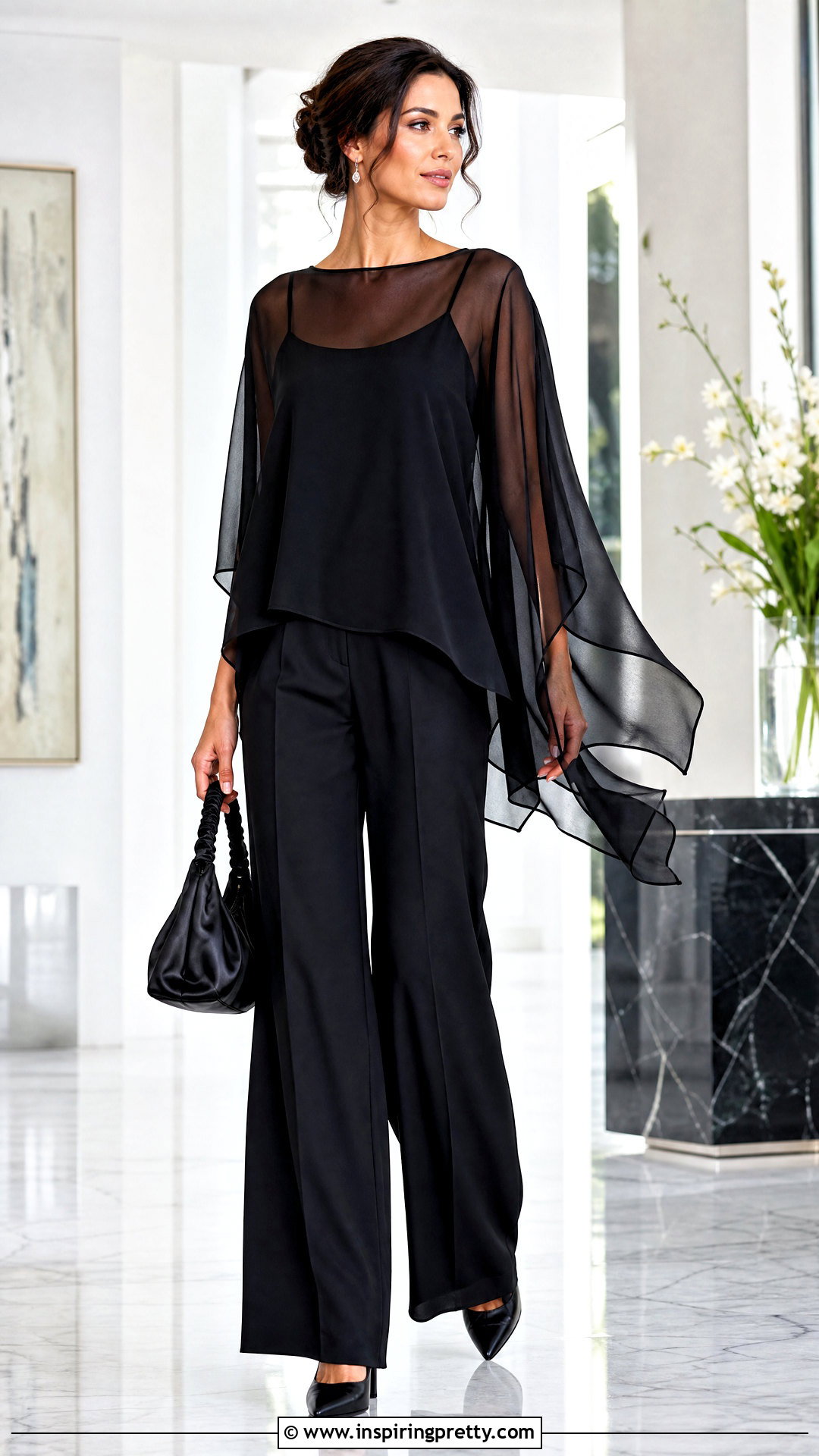 Designer Sheer Overlay Top With Flowing Pants - 50 designer tops outfit ideas