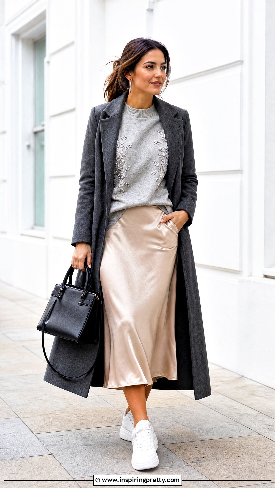 Designer Sweatshirt With Satin Midi Skirt - 50 designer tops outfit ideas