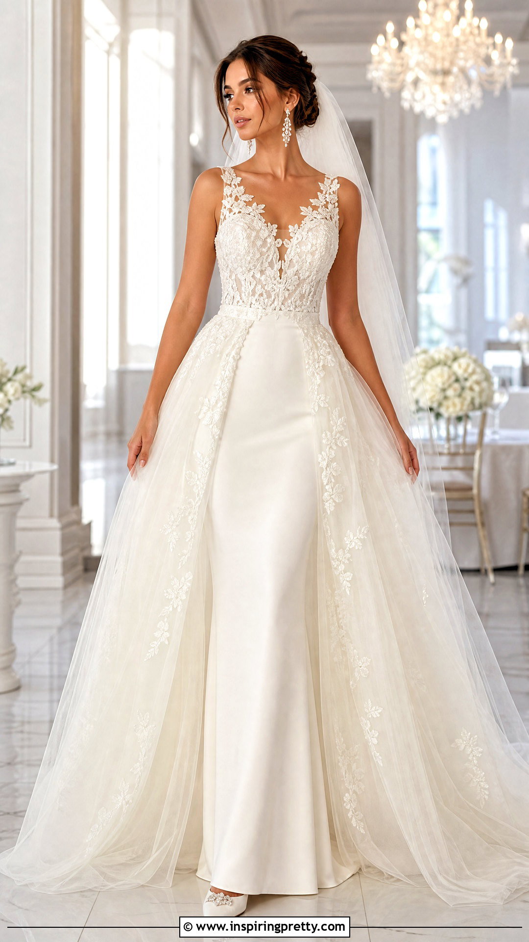 Detachable Lace Top Overskirt Wedding Dress - 25 lace top flowy bottom wedding dress outfit ideas