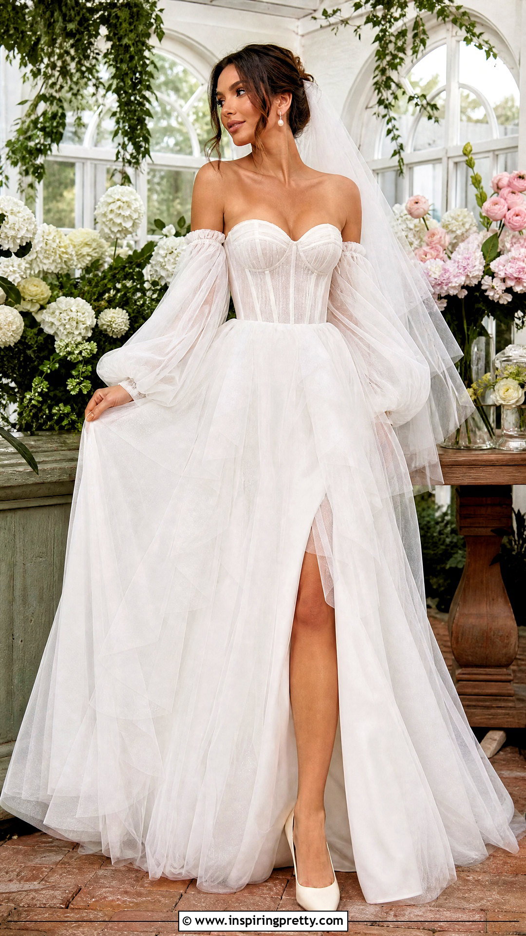 Detachable Puff Sleeve Corset Dress - 50 corset top wedding dress outfit ideas