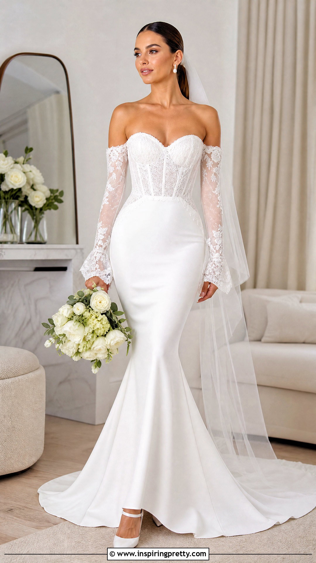 Detachable Sleeve Corset Top Mermaid Wedding Dress - 20 corset top mermaid wedding dress outfit ideas