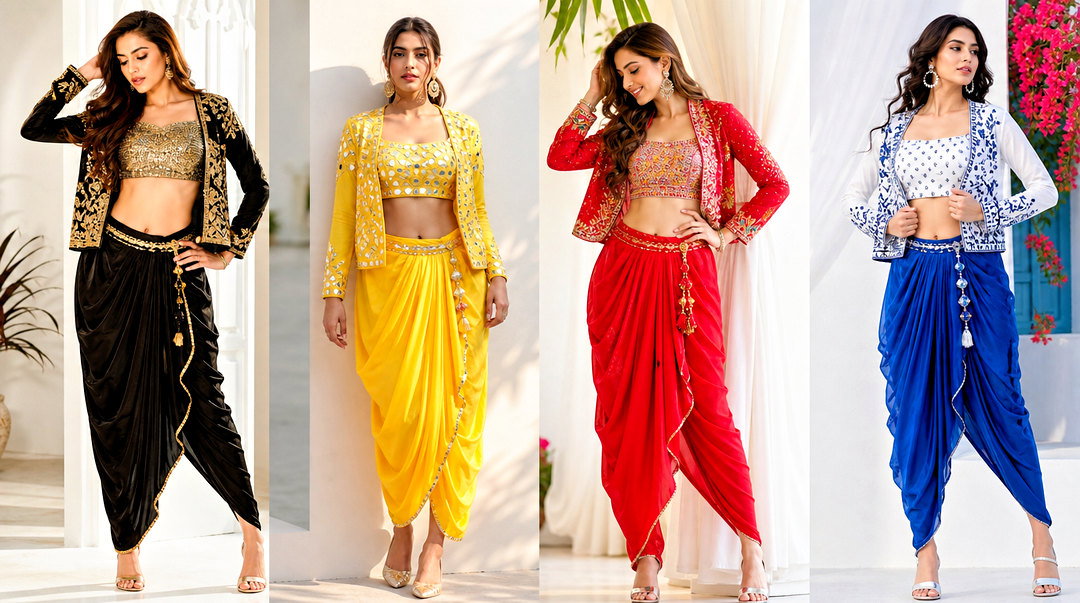 25 Dhoti Skirt With Crop Top and Jacket Outfit Ideas for Weddings