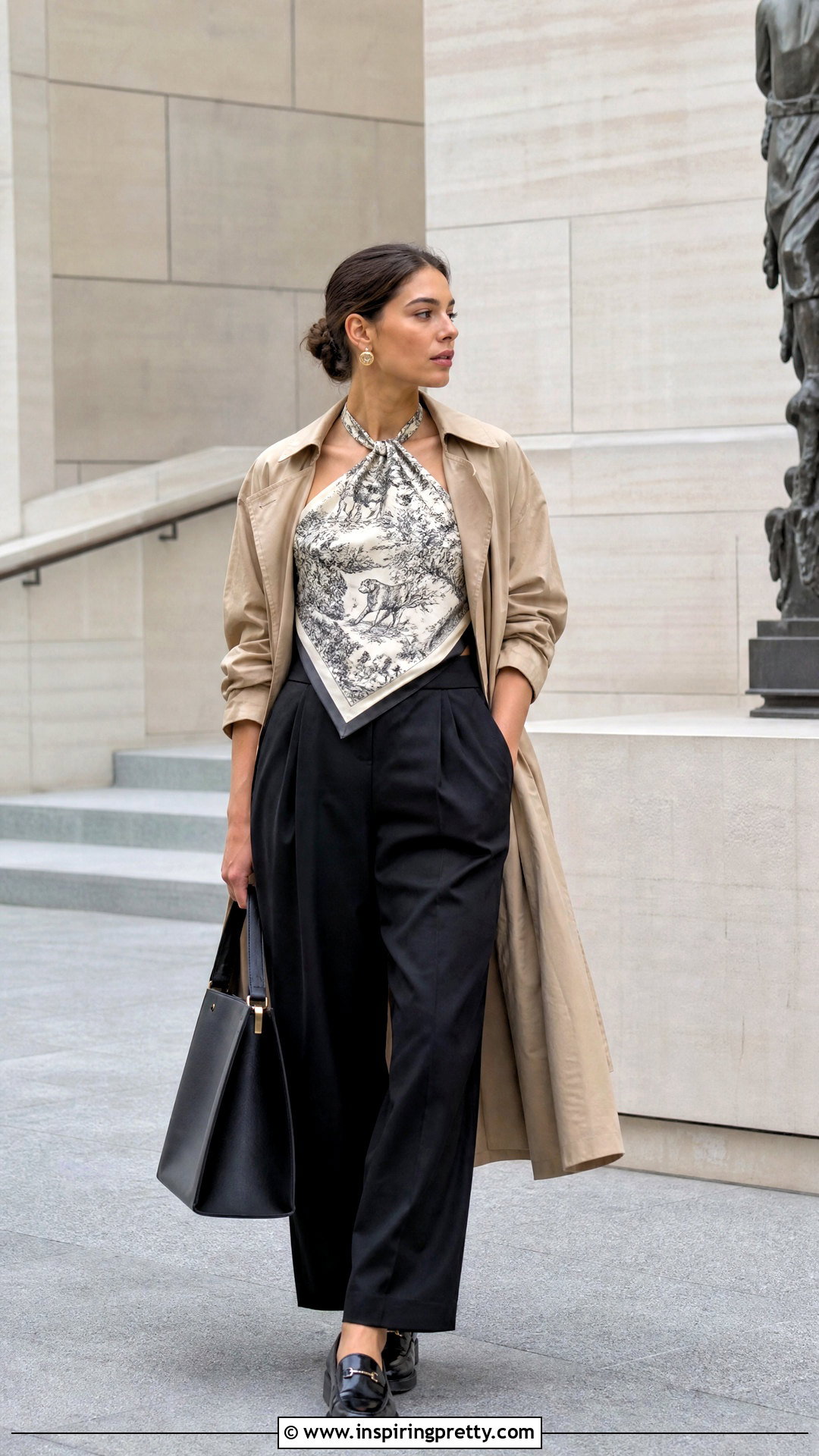 Dior Silk Scarf Top With Trench Coat And Trousers - 25 Dior Silk Scarf Top outfit ideas