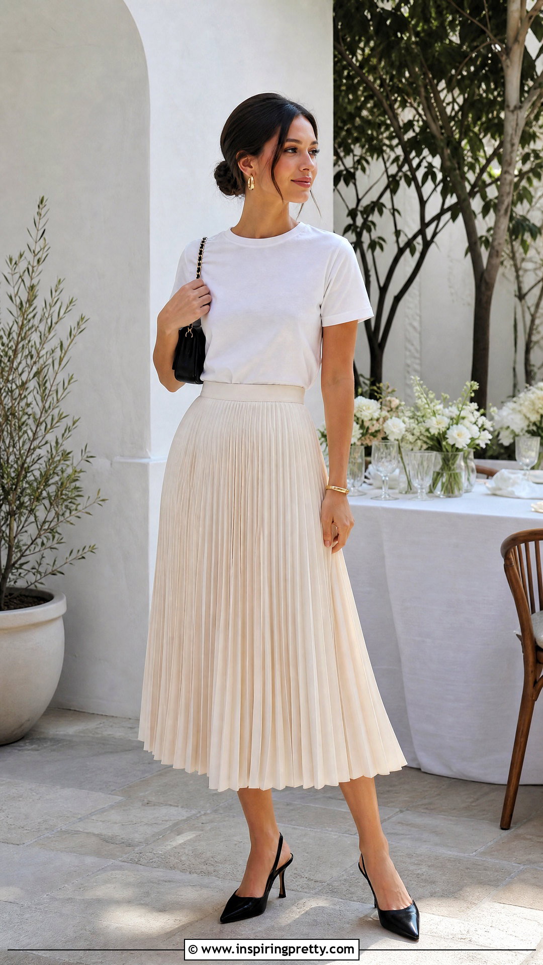 Dior T Shirt With Pleated Midi Skirt - how to style dior tops (20 ways)