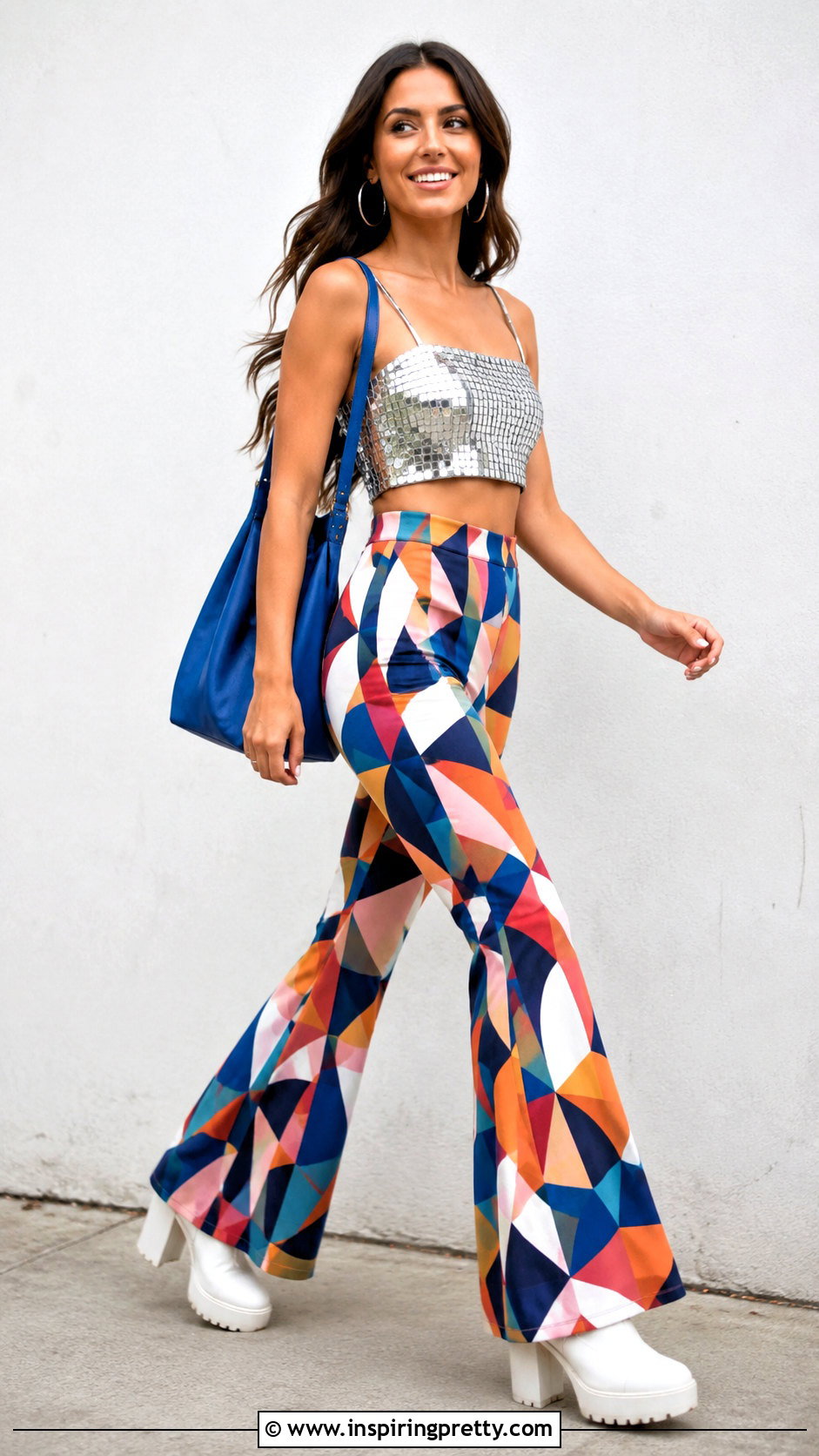 Disco Crop Top With Printed Flare Pants - 20 Disco Themed Top outfit ideas