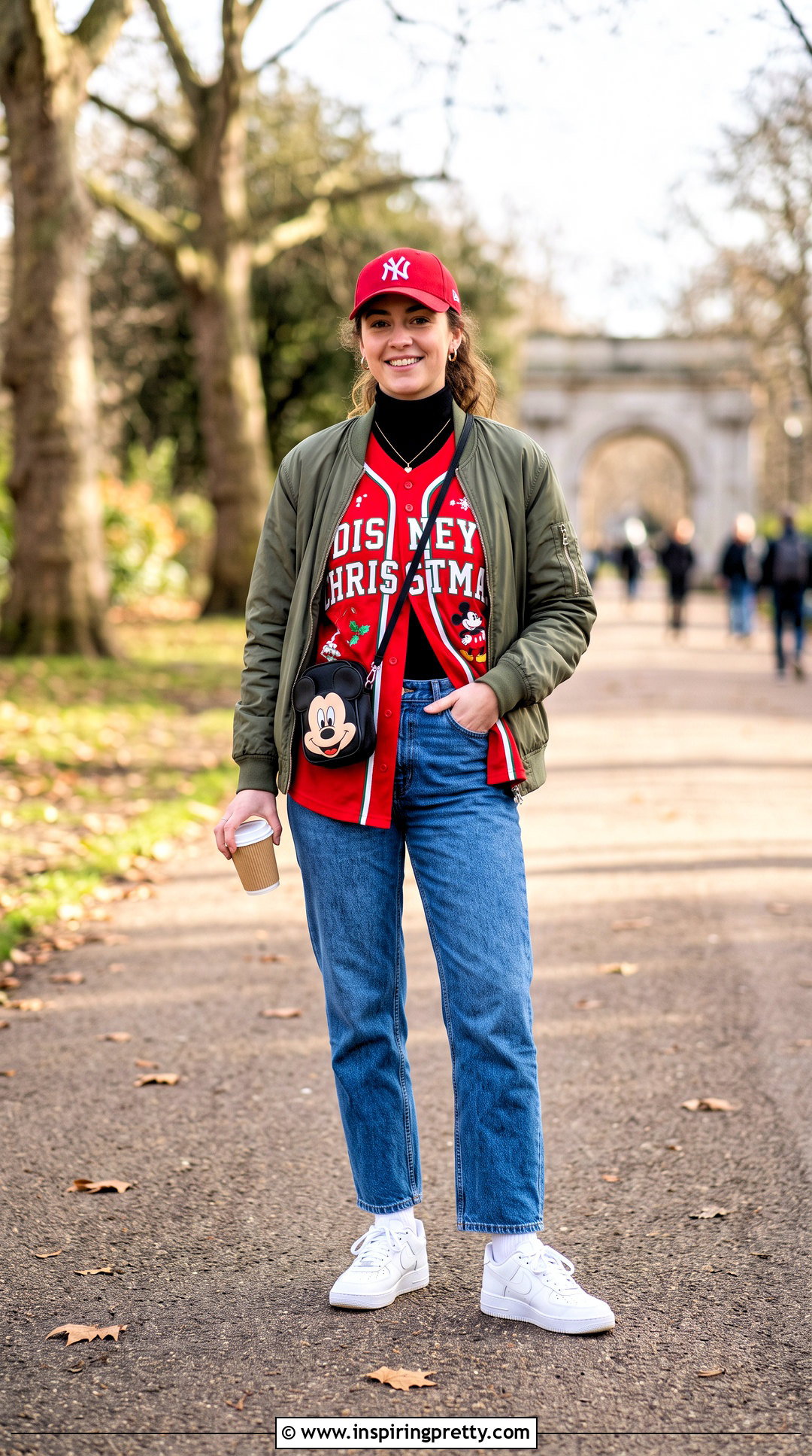 Disney Christmas Baseball Jersey With Turtleneck And Jeans - 20 Disney Christmas Tops outfit ideas