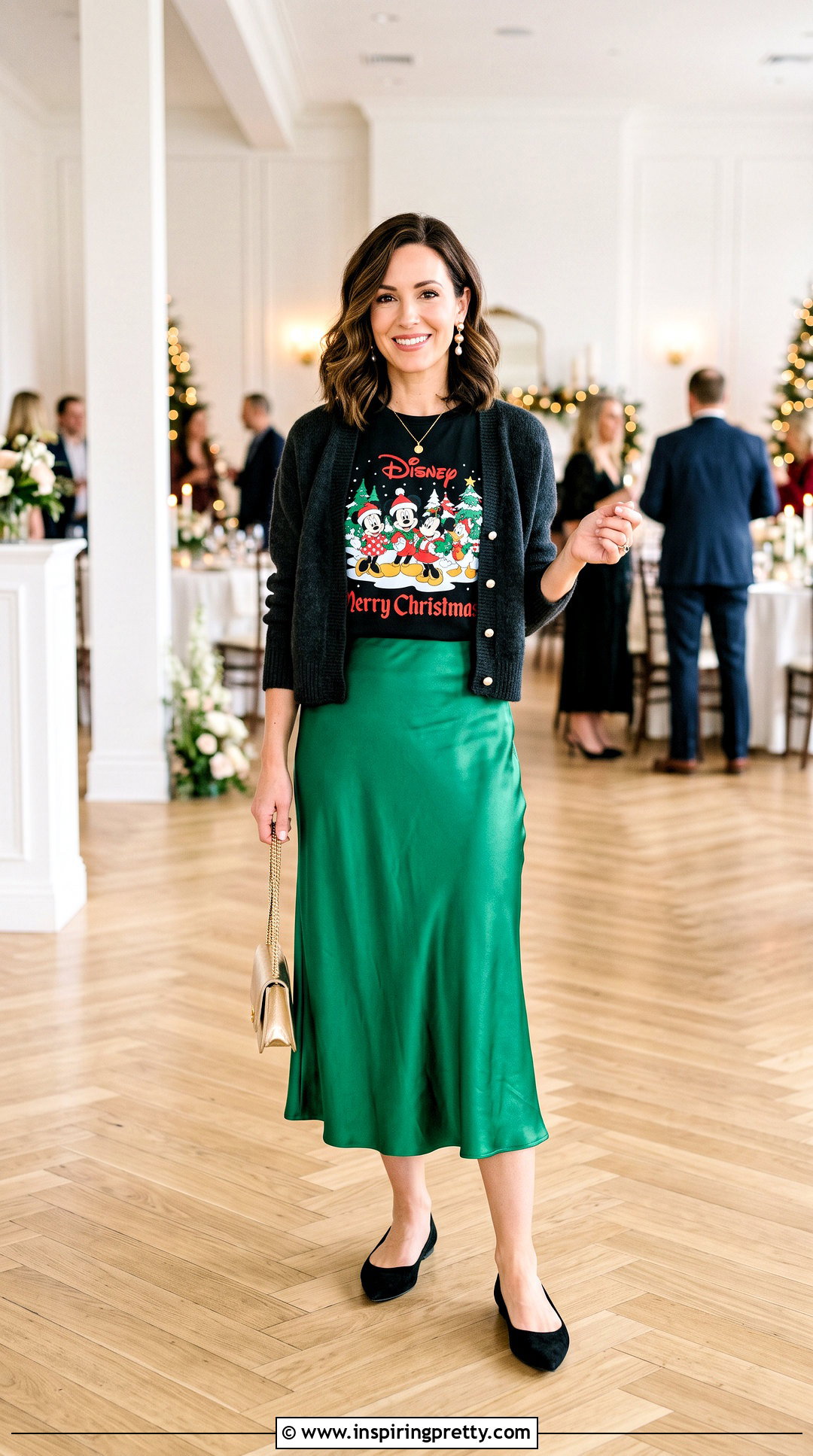 Disney Christmas Graphic Top With Satin Midi Skirt - 20 Disney Christmas Tops outfit ideas