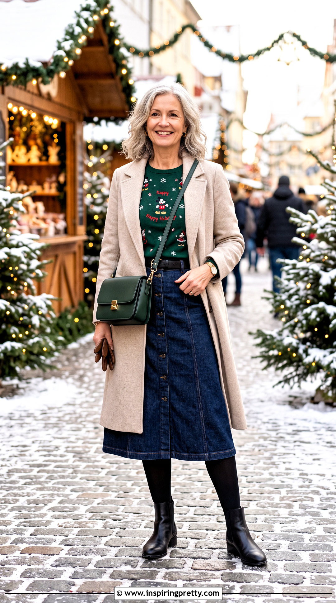 Disney Christmas Long Sleeve Top With Denim Skirt - 20 Disney Christmas Tops outfit ideas
