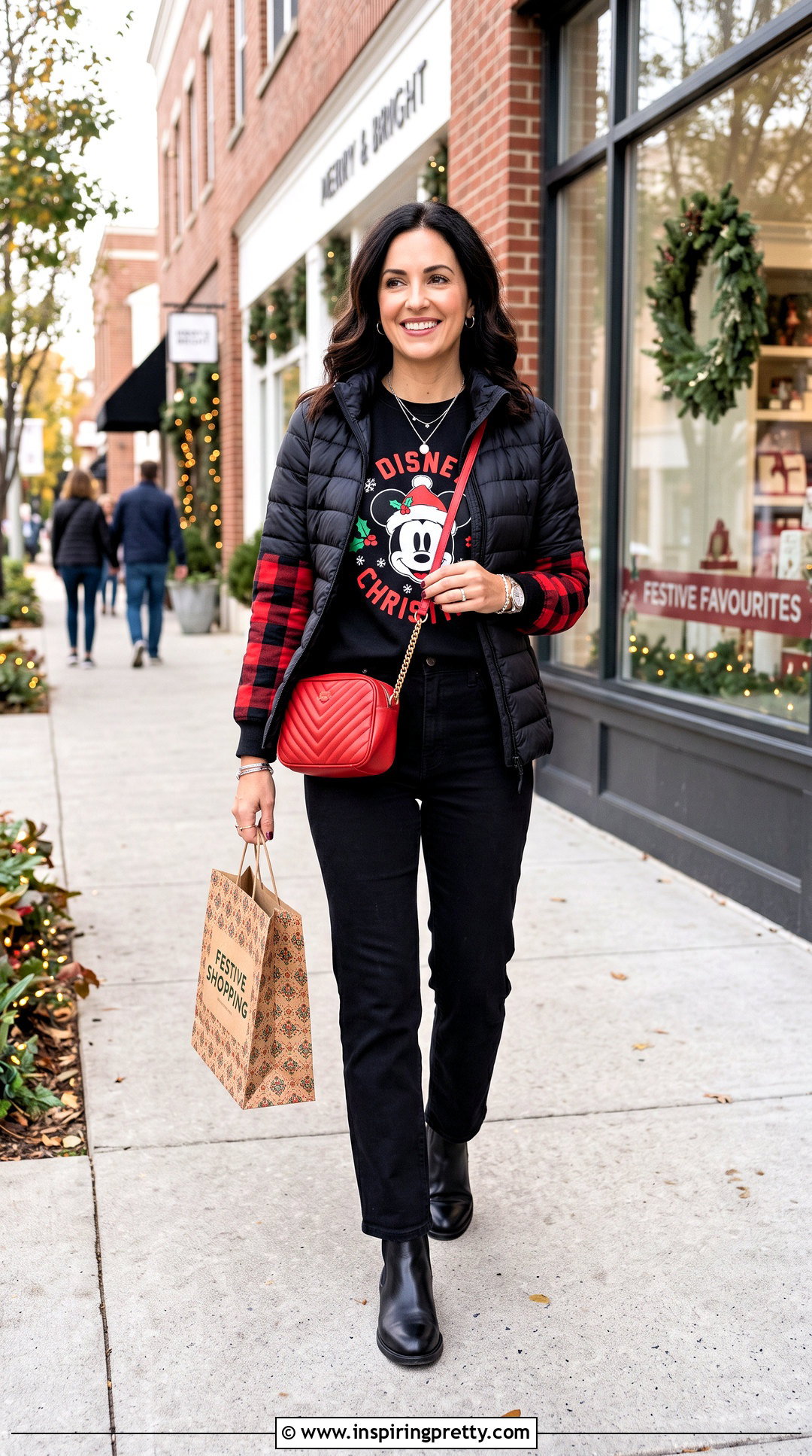 Disney Christmas Plaid Sleeve Top With Black Jeans - 20 Disney Christmas Tops outfit ideas
