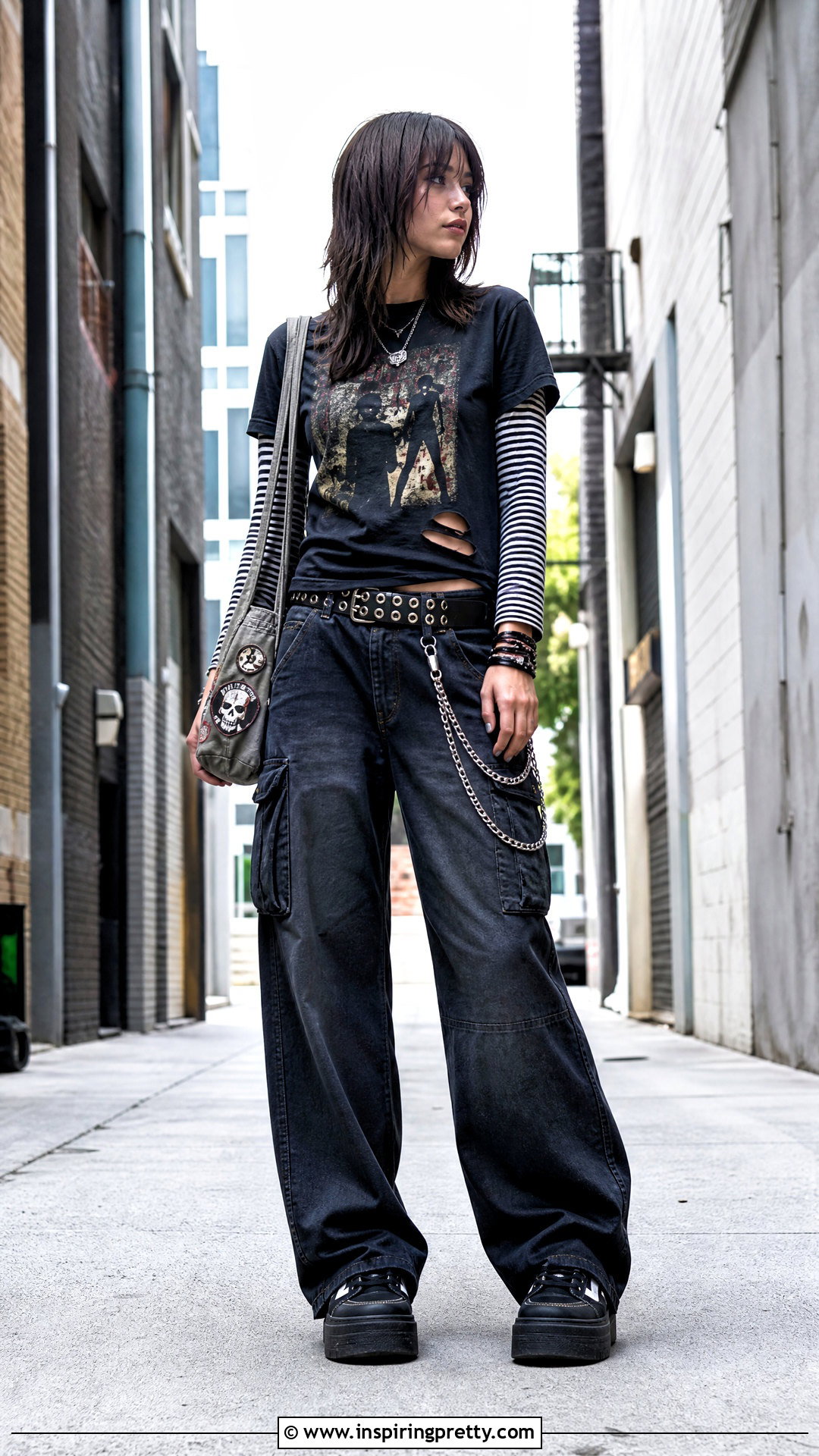Distressed Band Tee And Cargo Jeans Emo Outfit - 50 emo top outfit ideas