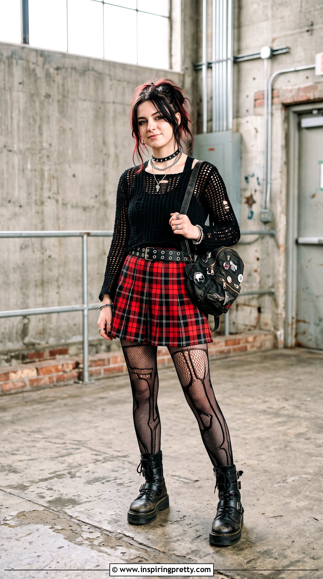 Distressed Crochet Top With Plaid Skirt - 50 goth crochet top outfit ideas