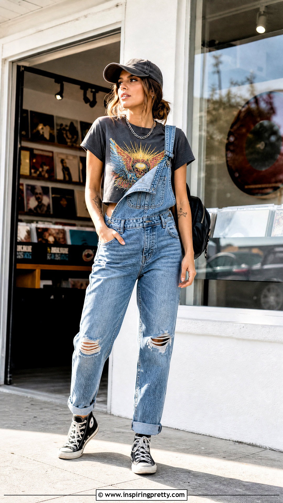 Distressed Overalls With Graphic Crop Tee - 25 crop top overalls outfit ideas
