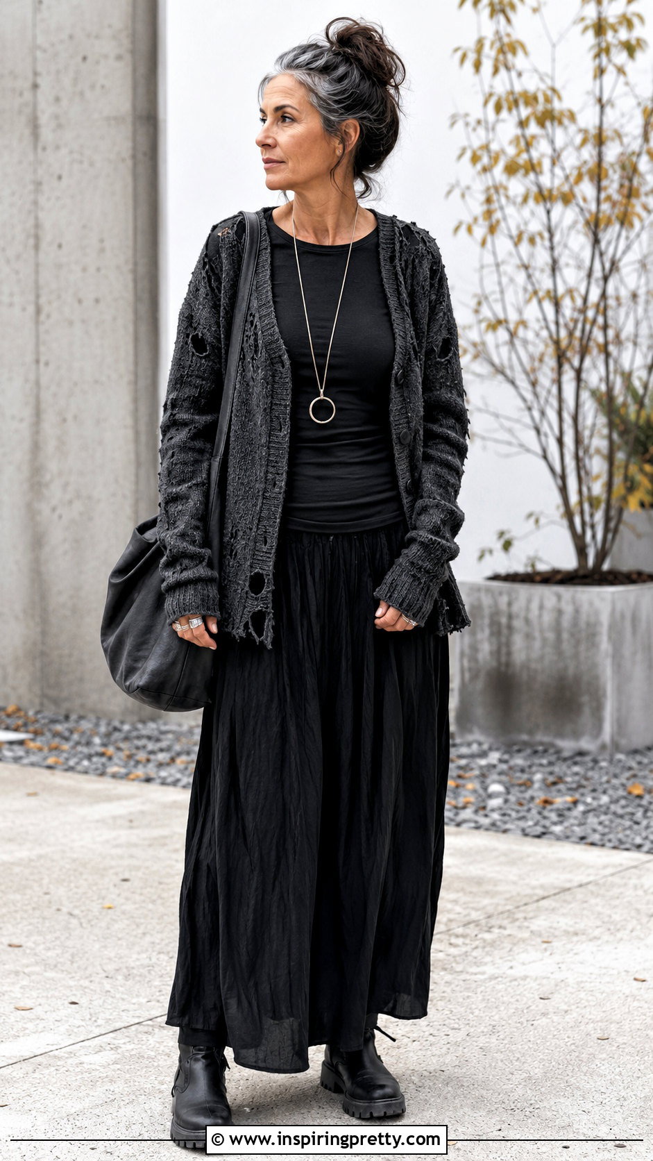 Distressed Sweater With Maxi Skirt - 50 alt tops outfit ideas