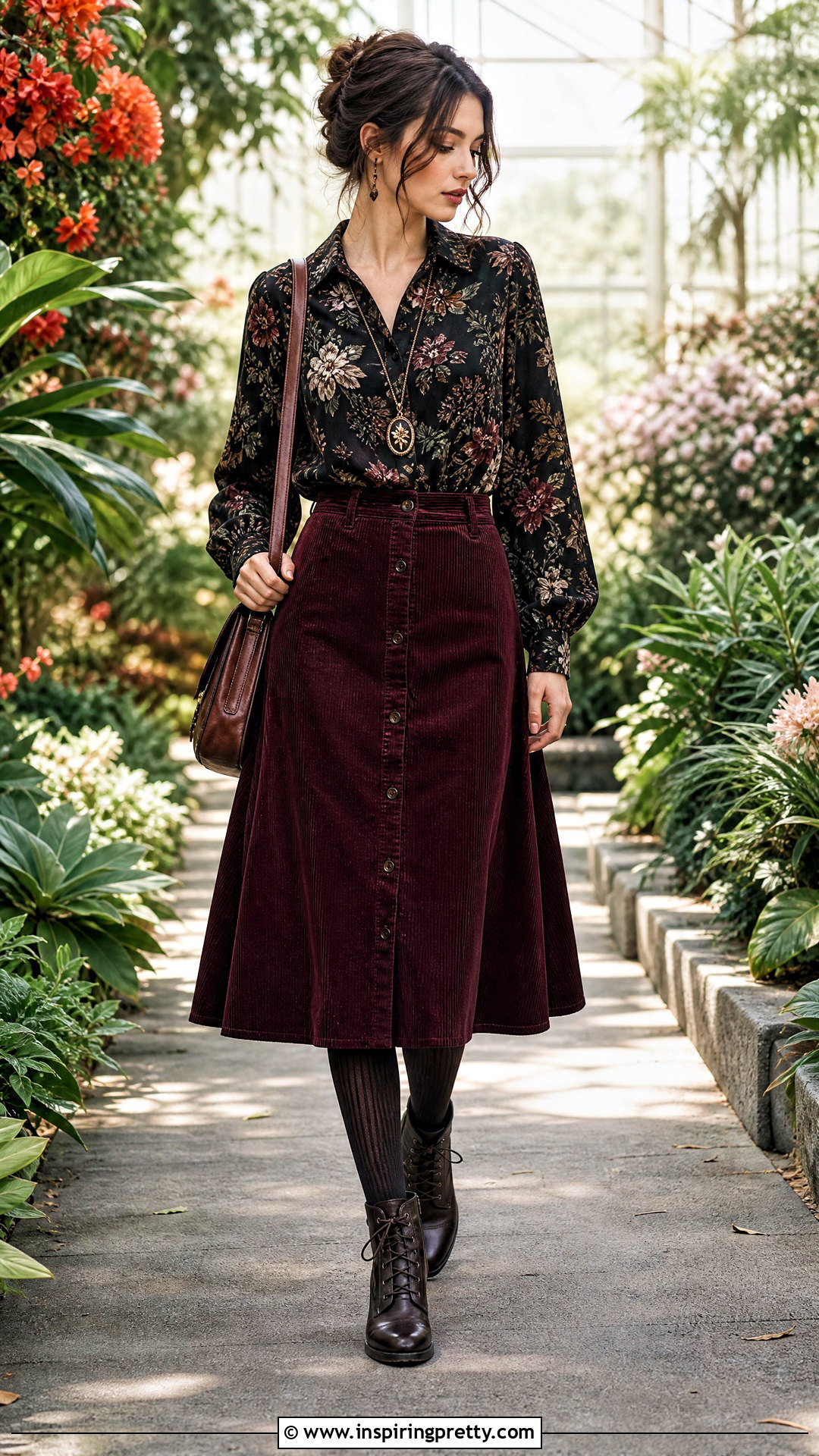Disturbia Floral Blouse With Corduroy Midi Skirt - 20 disturbia tops outfit ideas