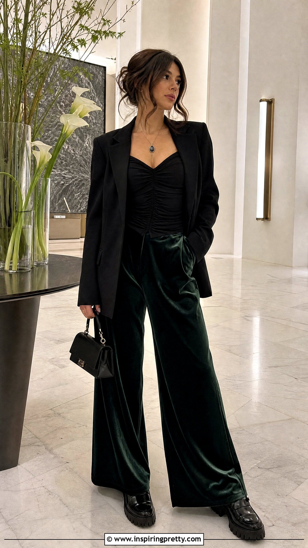 Disturbia Ruched Top With Velvet Trousers - 20 disturbia tops outfit ideas