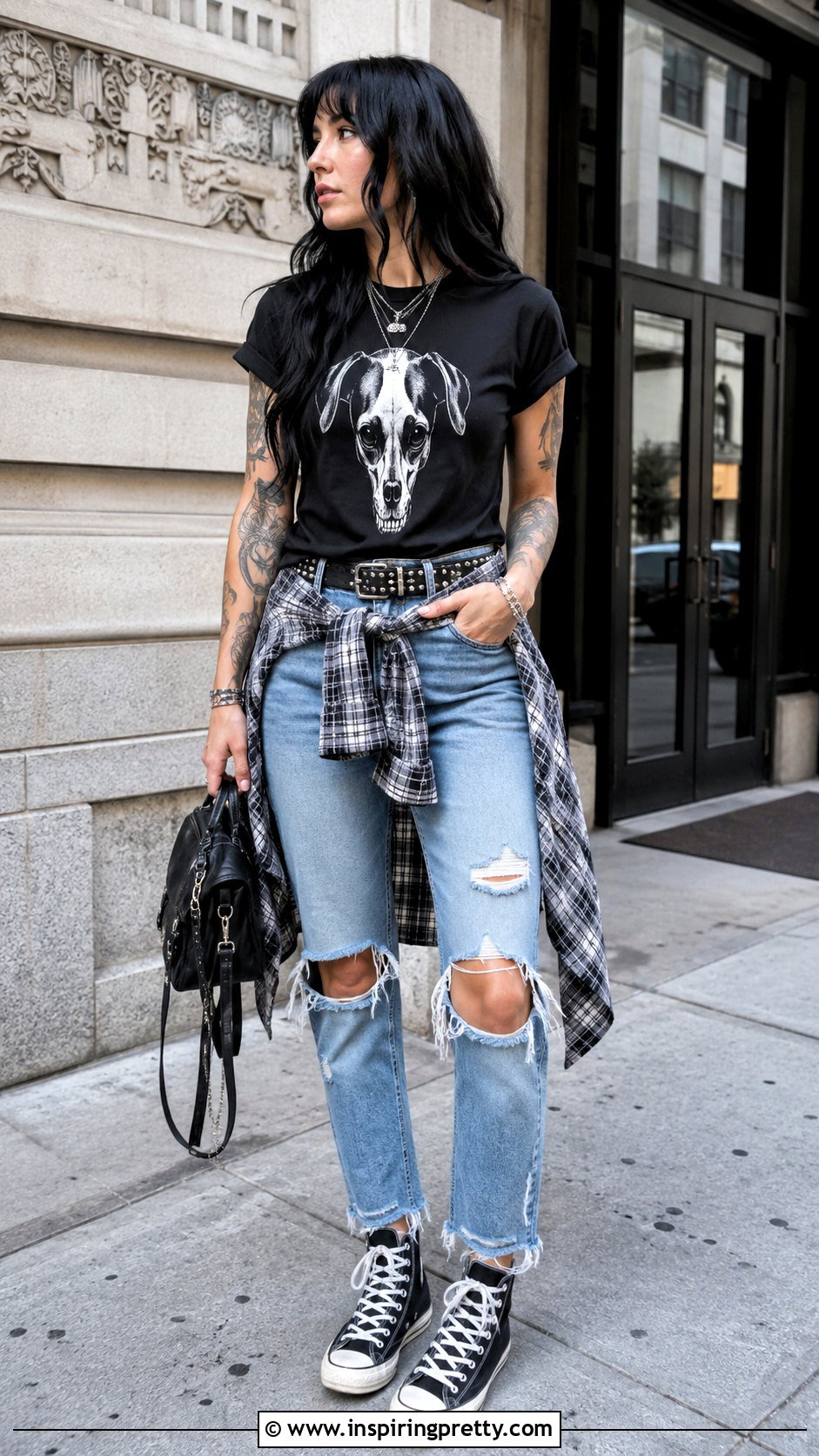 Dog Skull Top With Ripped Blue Jeans - 20 dog skull top outfit ideas