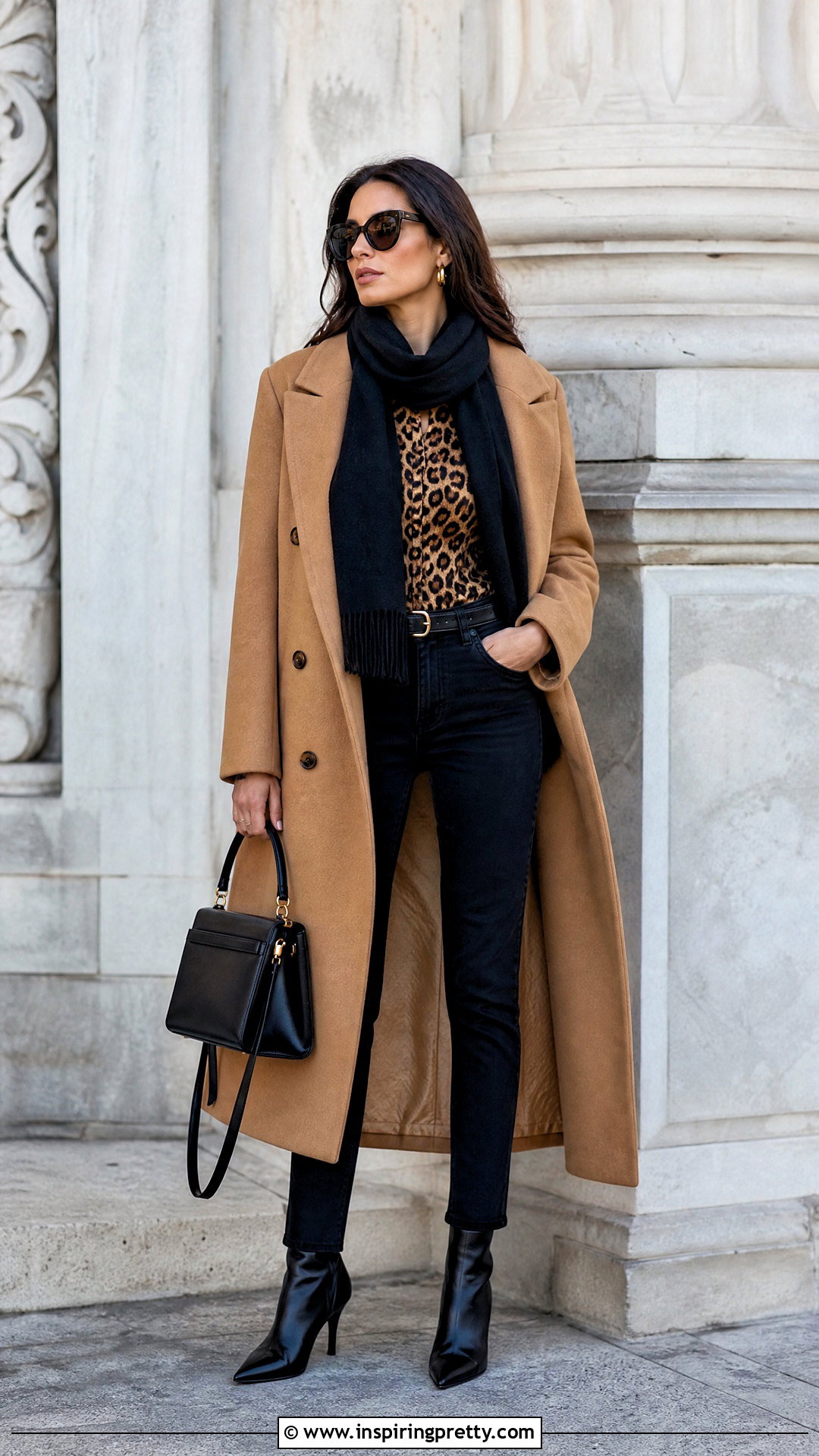 Dolce And Gabbana Cheetah Top With Camel Coat And Black Jeans - 20 Dolce And Gabbana Cheetah Top outfit ideas
