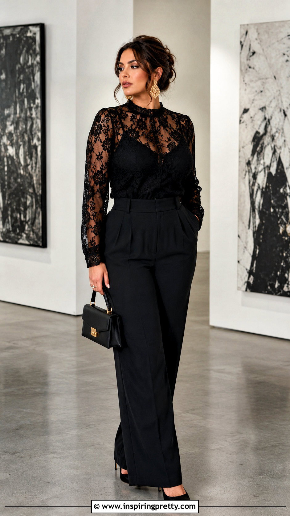 Dolce and Gabbana Black Sheer Top With Wide Leg Trousers - 20 dolce and gabbana sheer top outfit ideas