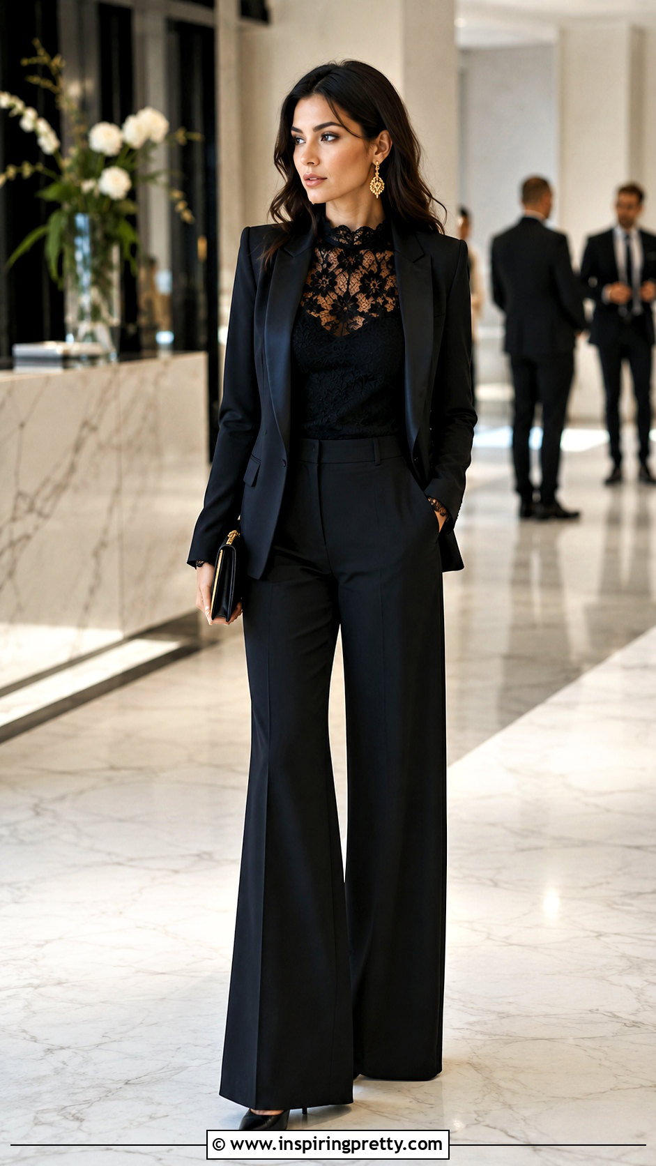 Dolce and Gabbana Sheer Top With Black Pantsuit - 20 dolce and gabbana sheer top outfit ideas