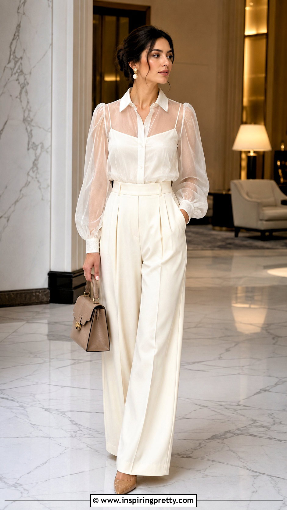 Dolce and Gabbana White Sheer Top With Cream Wide Leg Pants - 20 dolce and gabbana sheer top outfit ideas