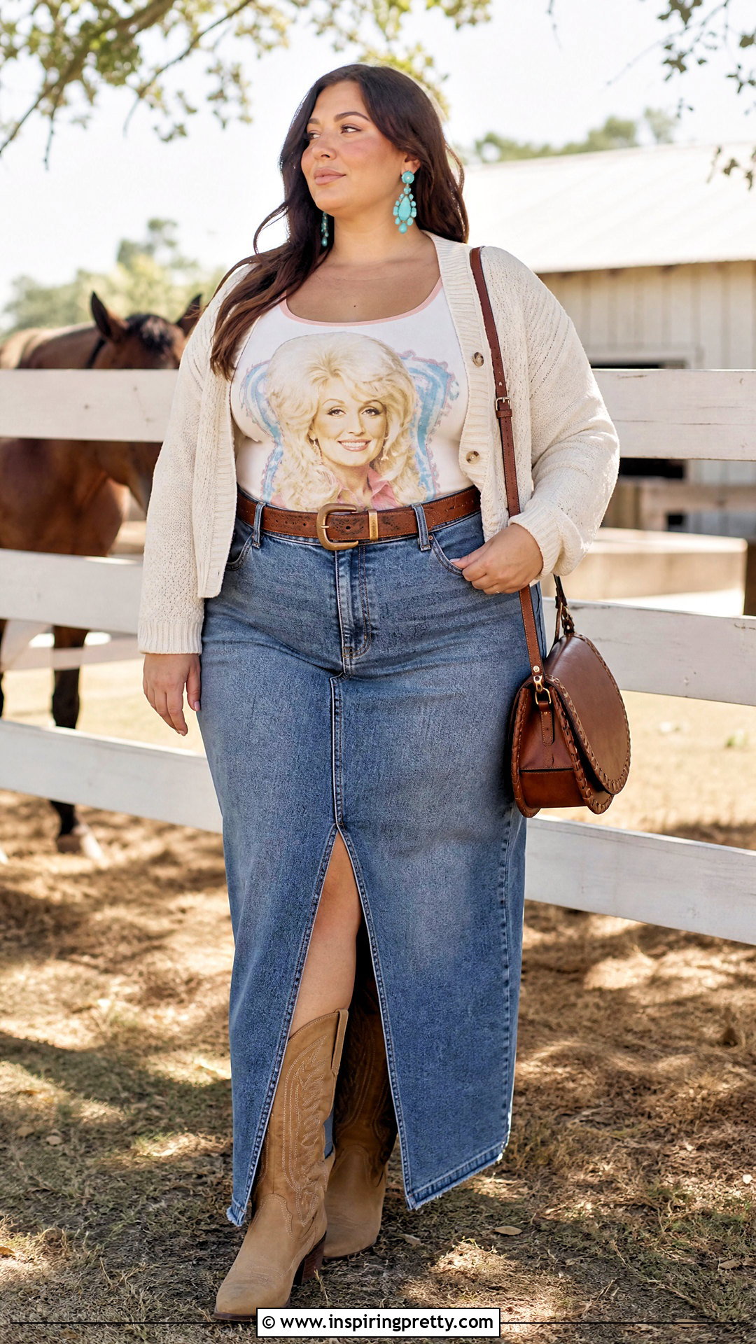 Dolly Parton Tank Top With Denim Maxi Skirt And Western Boots - 20 dolly parton tank top outfit ideas