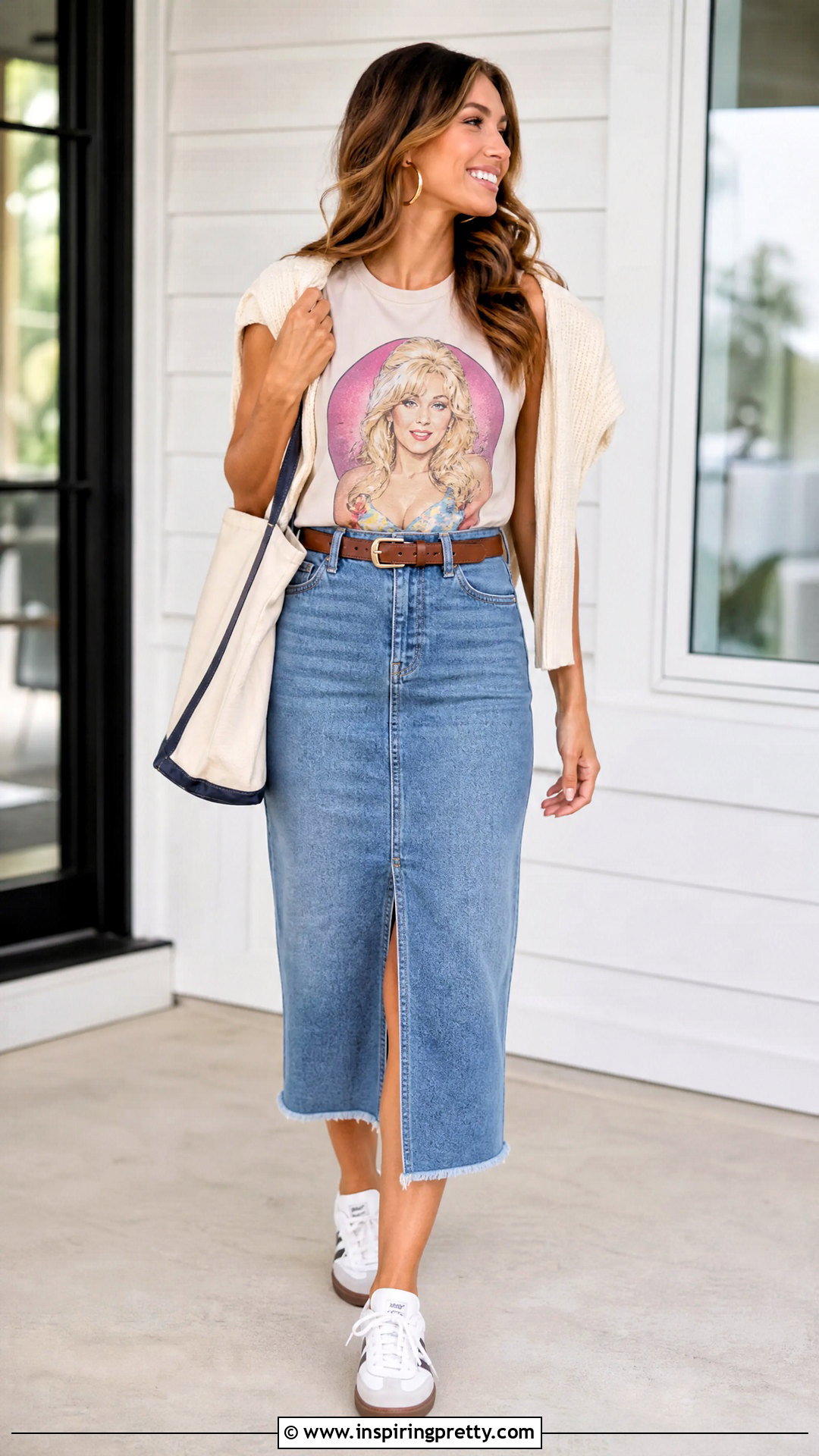 Dolly Parton Tank Top With Denim Midi Skirt And Sneakers - 20 dolly parton tank top outfit ideas