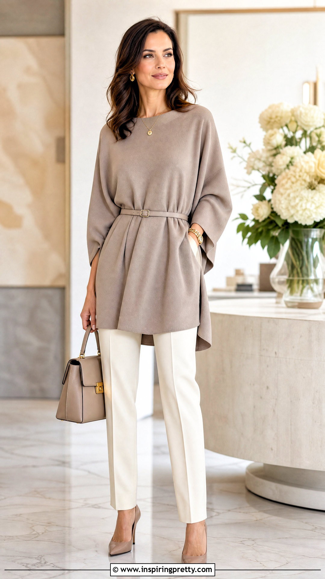 Dolman Top With a Belted Waist and Trousers - how to style dolman tops (20 ways)