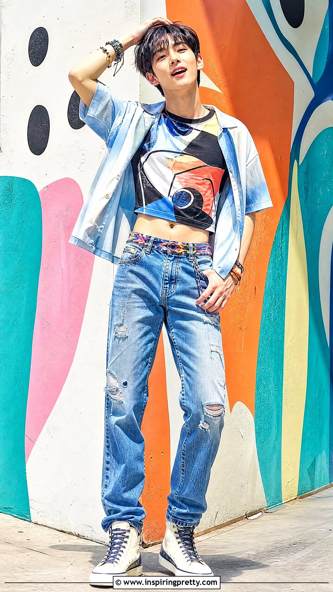 Donghun Printed Crop Top Outfit - 25 male kpop idols in crop tops outfit ideas