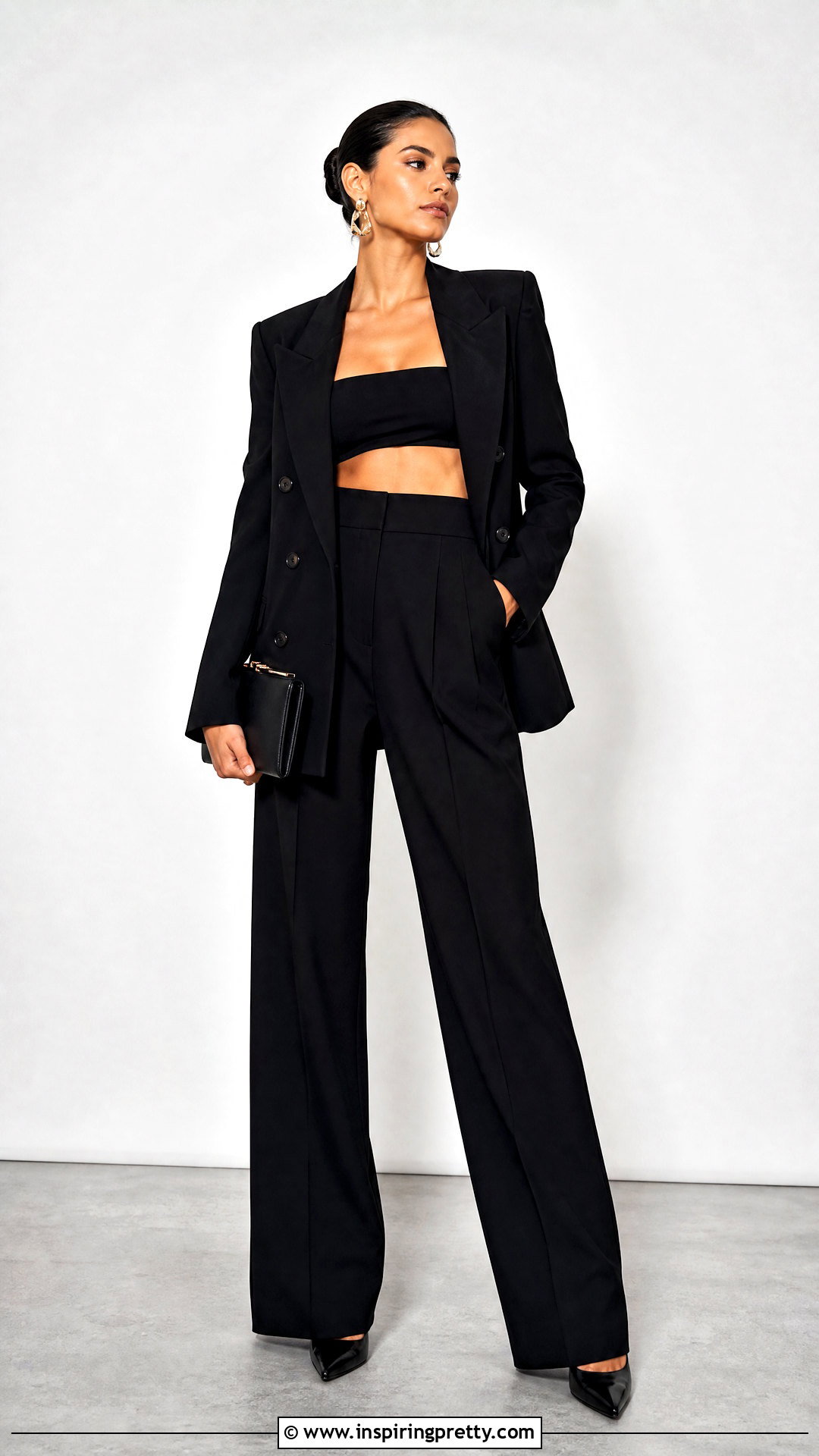 Double Breasted Suit With Bandeau Crop Top Outfit - 25 Suits With Crop Tops outfit ideas