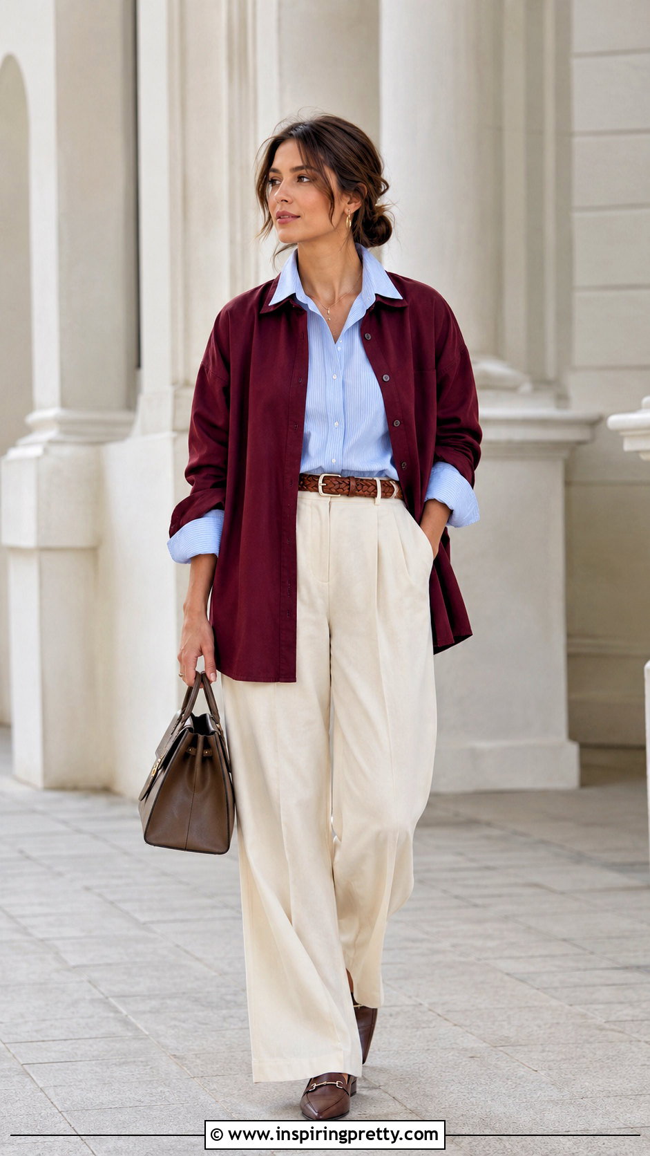 Double Button Down Layering Tops With Wide Leg Pants - 20 Layering Tops For Spring Ideas