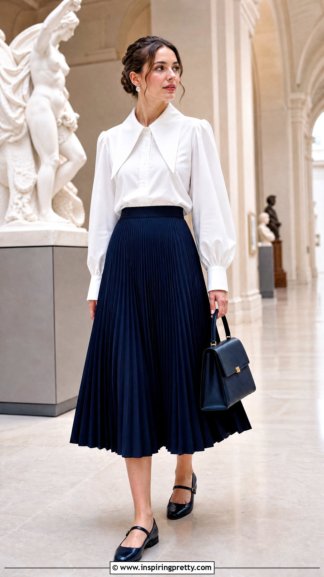 Dramatic Collar Statement Blouse With Pleated Skirt - 50 statement tops outfit ideas