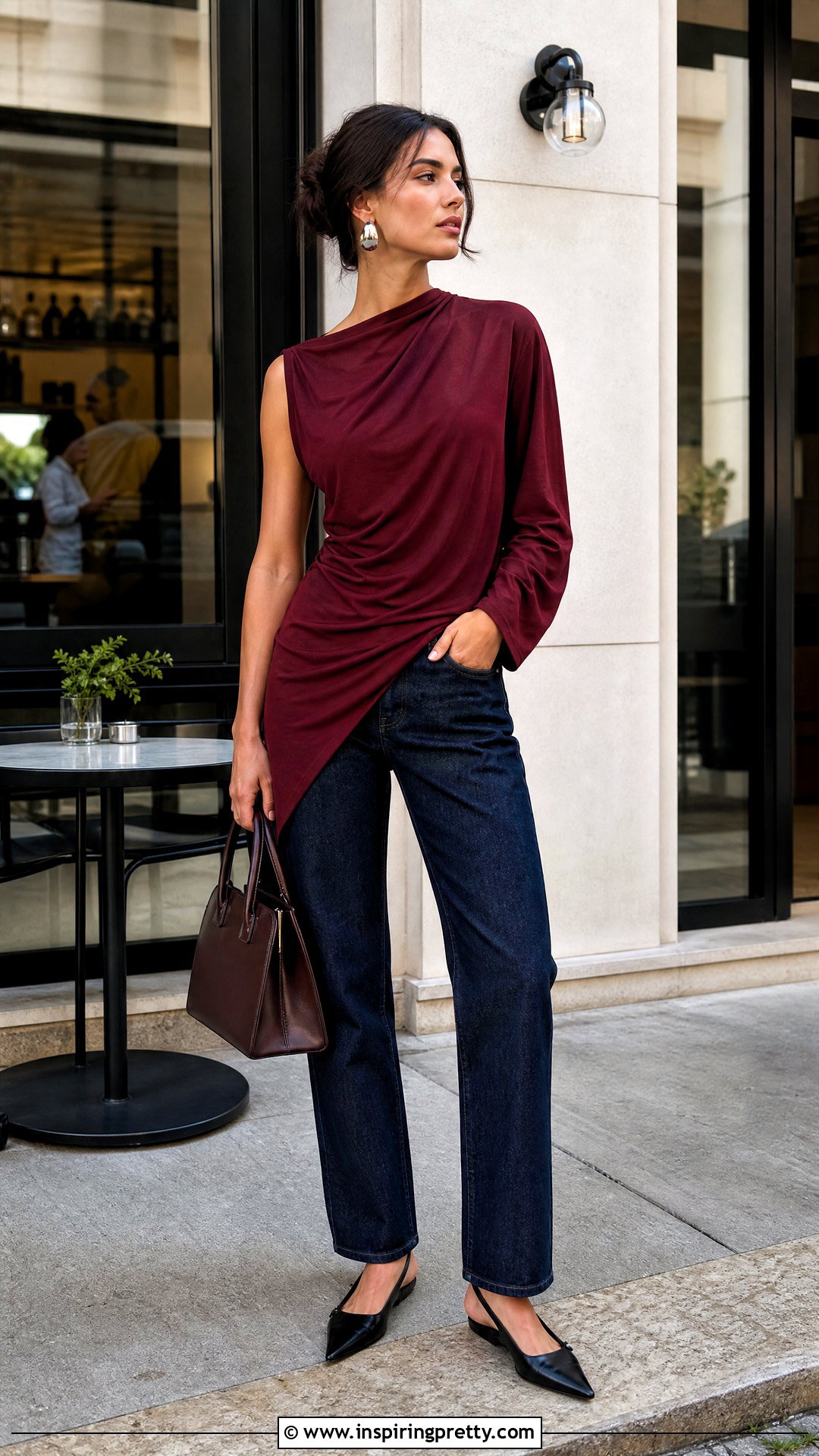 Draped Asymmetrical Top With Straight Leg Jeans - 50 asymmetrical top outfit ideas