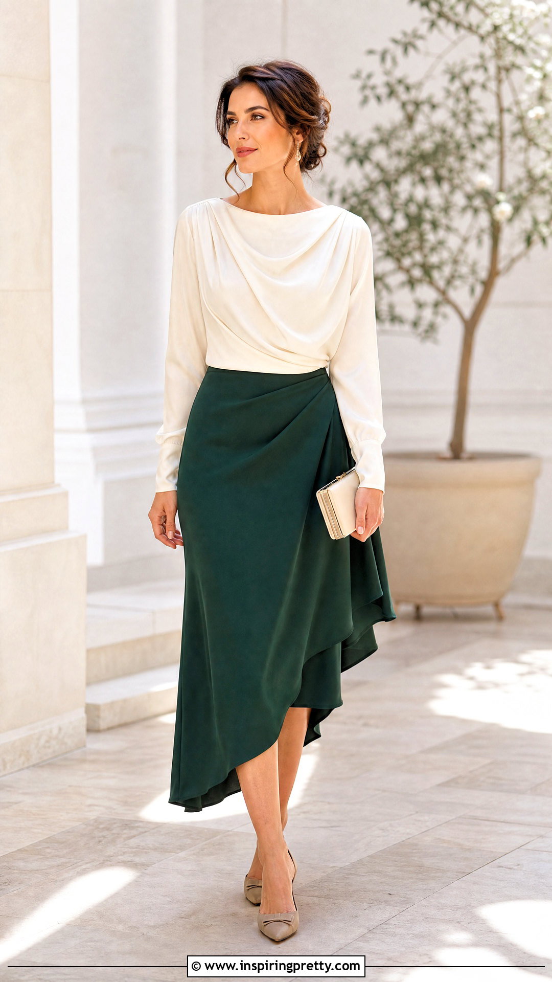 Draped Blouse With Asymmetric Midi Skirt - 50 skirt with top outfit ideas