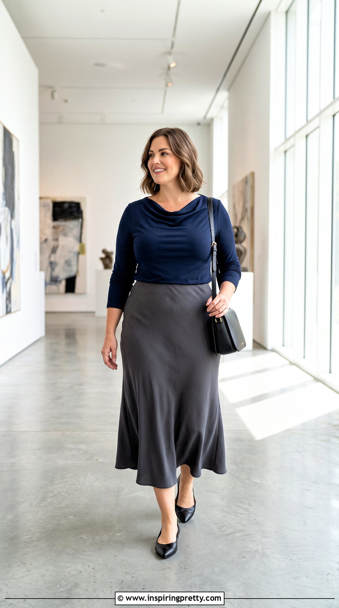 Draped Cowl Neck Top With Midi Skirt - 50 tops for big busted women