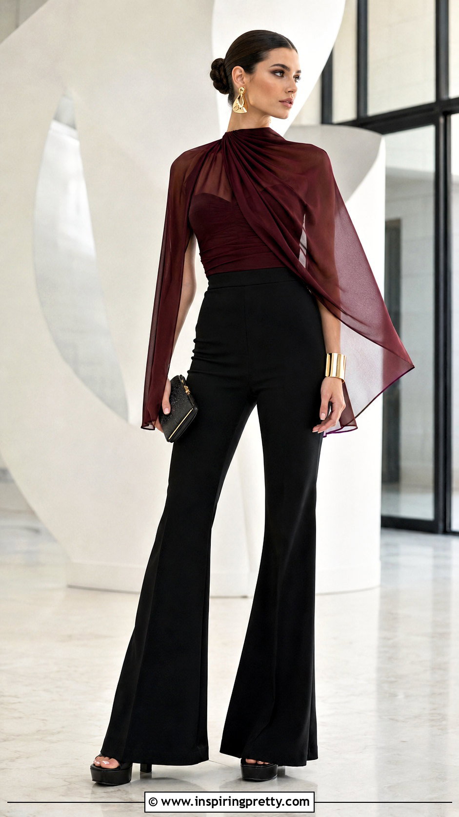Draped Designer Sheer Top With Flared Trousers - 20 designer sheer top outfit ideas