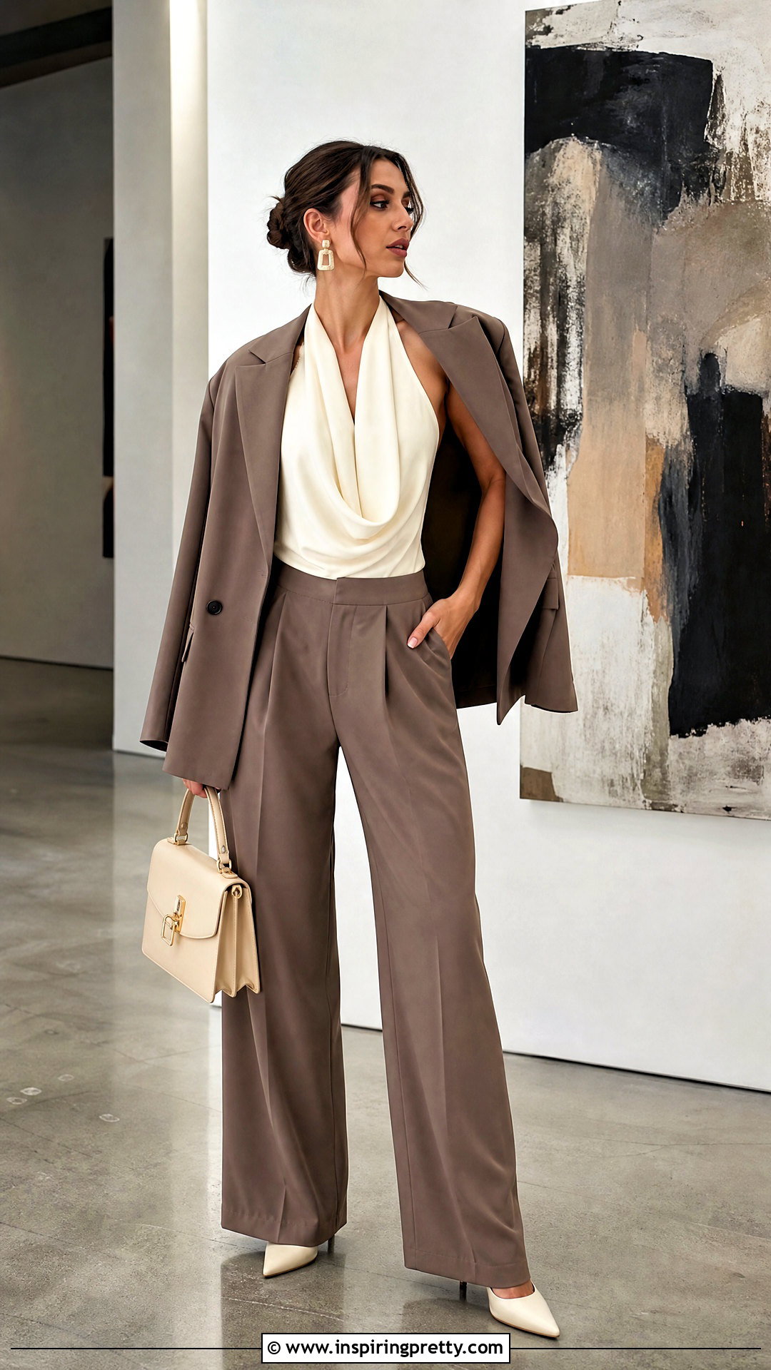 Draped Front Backless Halter Top With Blazer And Trousers - 20 Draped Front Backless Halter Top outfit ideas