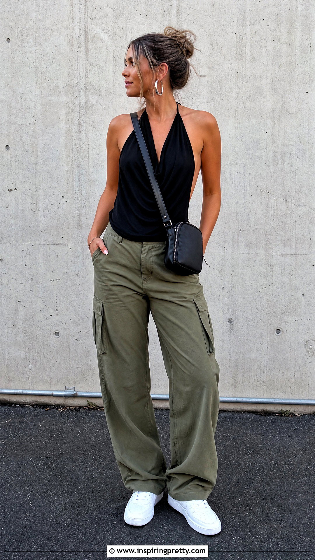 Draped Front Backless Halter Top With Cargo Pants - 20 Draped Front Backless Halter Top outfit ideas