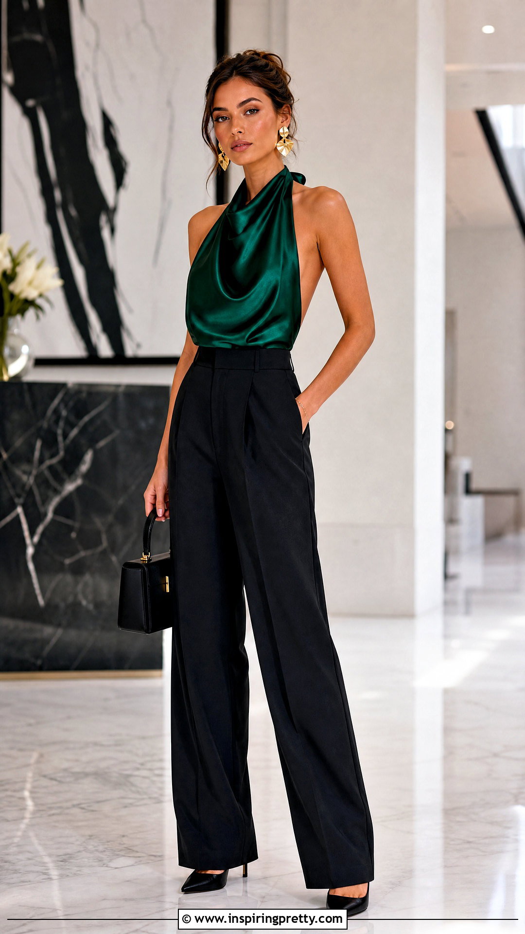 Draped Front Backless Halter Top With Tailored Black Trousers - 20 Draped Front Backless Halter Top outfit ideas
