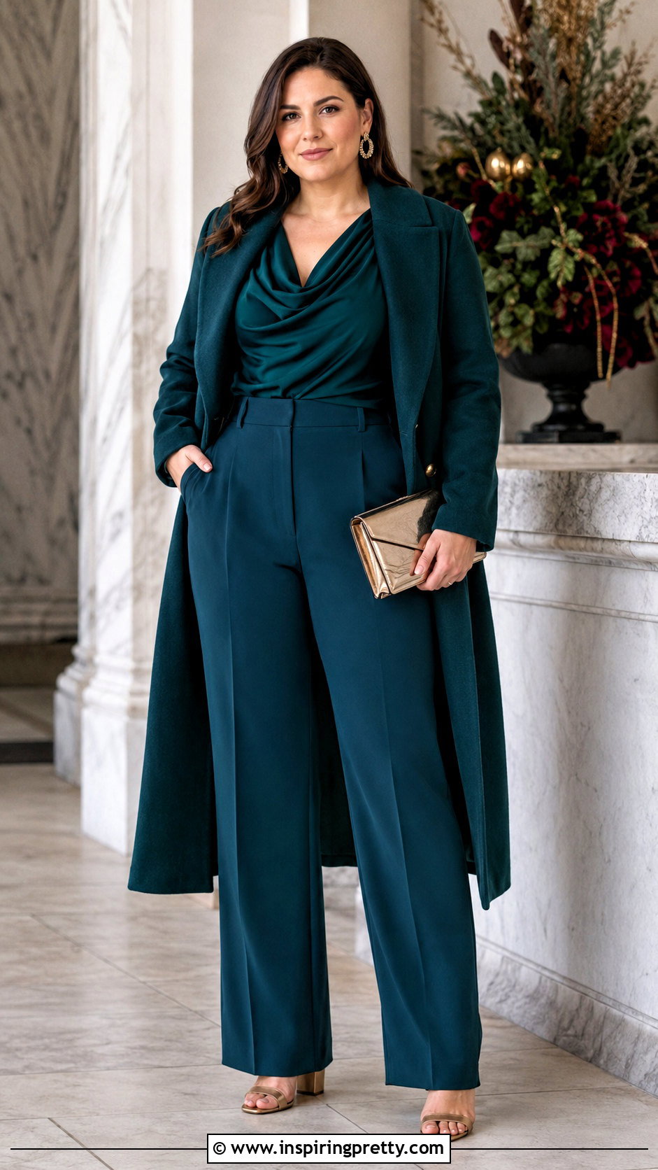 Draped Holiday Top With Wide Leg Pants - 20 cute holiday top outfit ideas