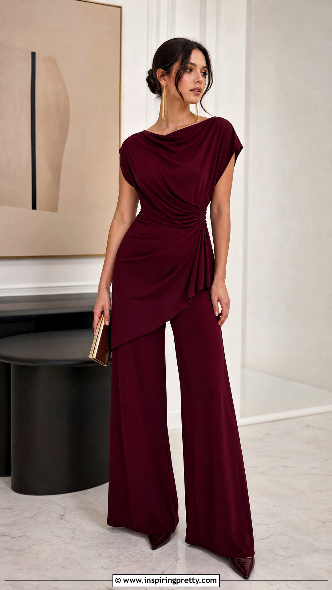 Draped Jersey Top With Palazzo Pants - 50 fancy top outfit ideas