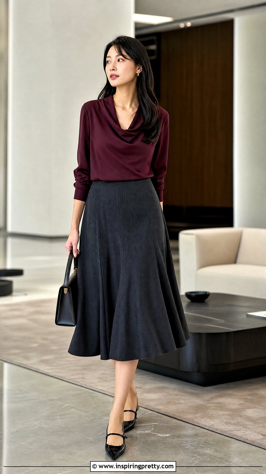Draped Neck Top And Midi Skirt Work Outfit - 20 Stylish Tops For Work Outfit Ideas