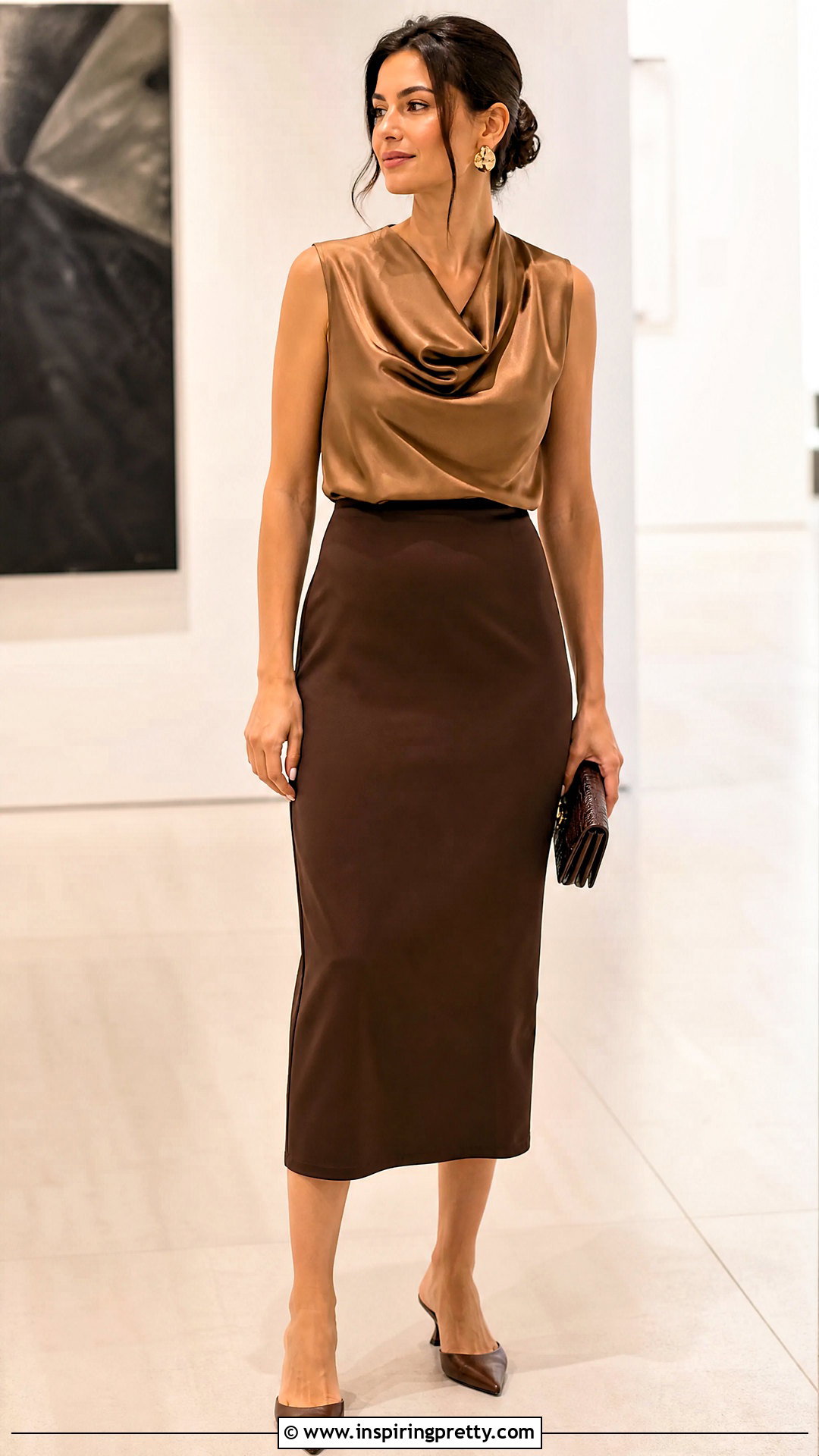 Draped Neck Top With Column Skirt - 50 elegant tops outfit ideas
