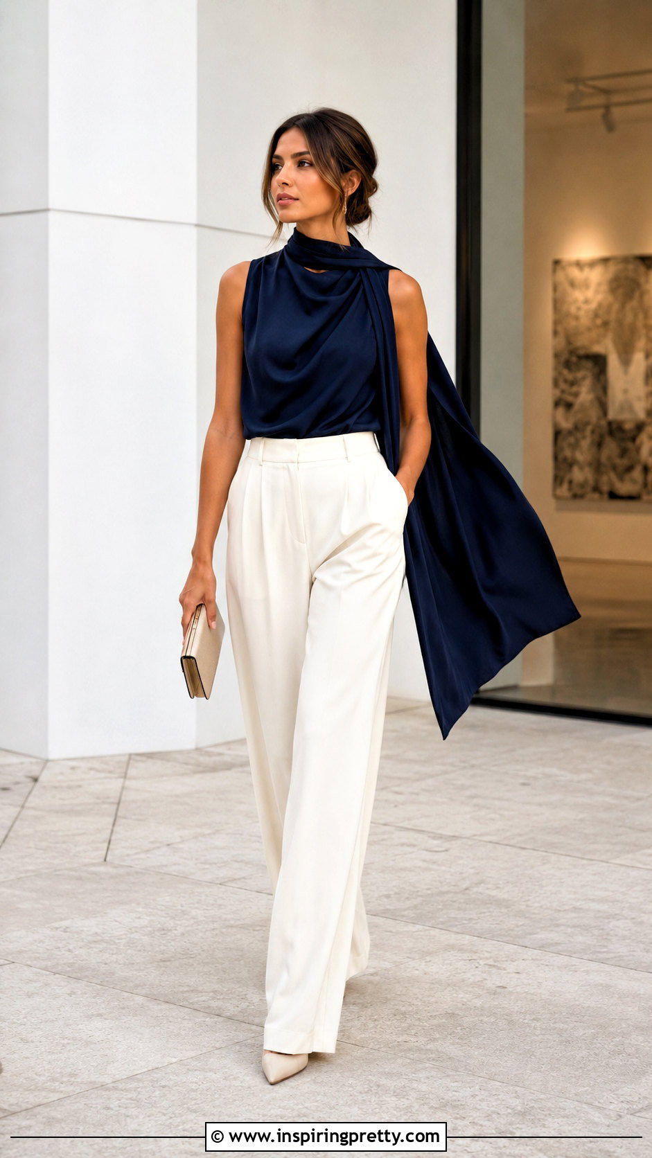 Draped Scarf Top With Cream Pants - 50 going out tops night out ideas