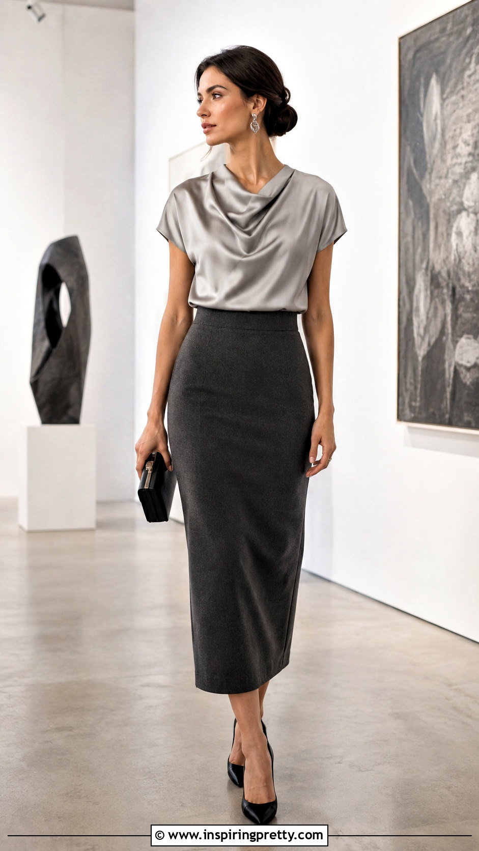 Draped Silk Top With Column Midi Skirt - 50 silk top outfit classy ideas