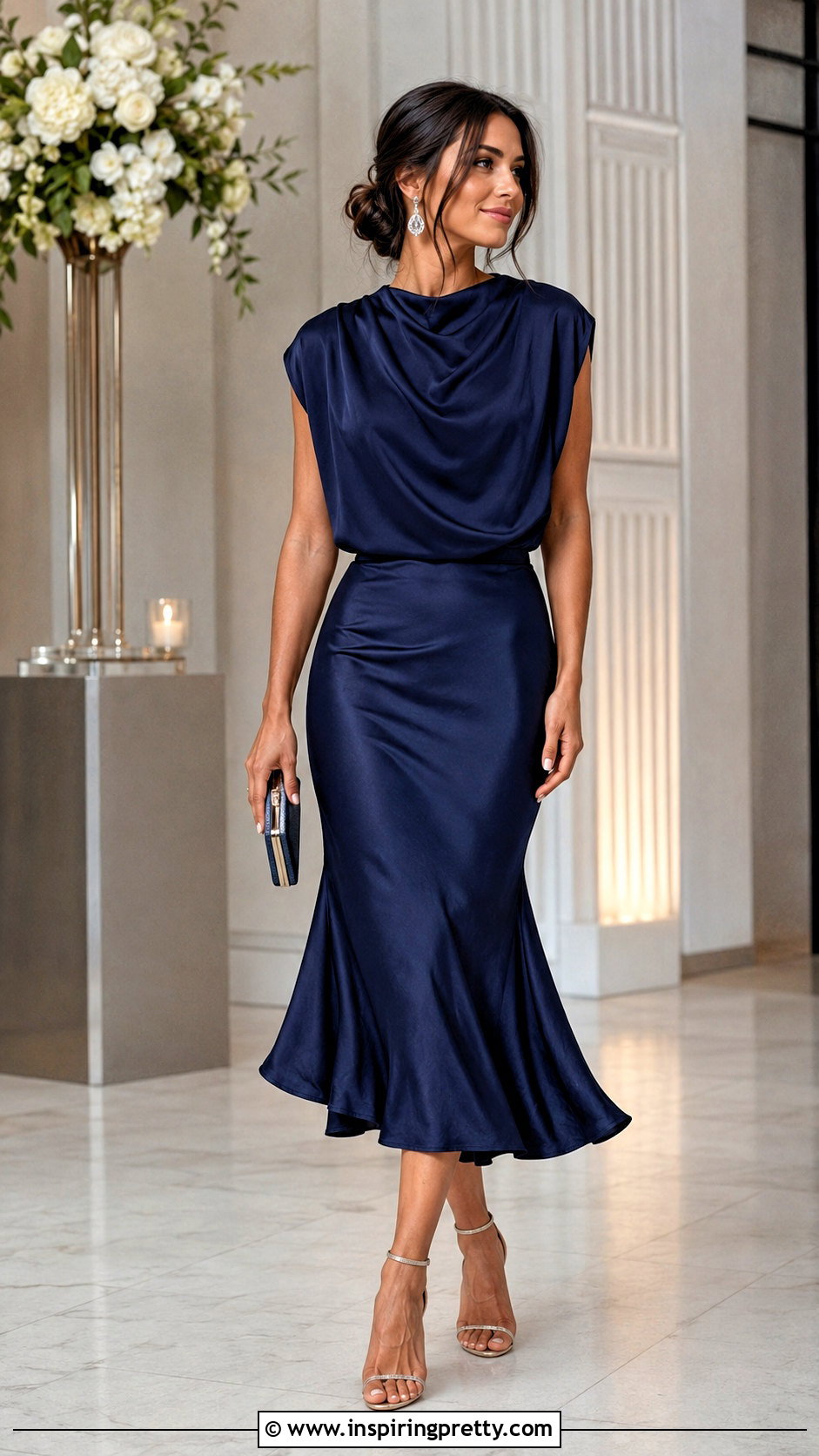 Draped Siren Top With Satin Midi Skirt - 50 siren top outfit ideas