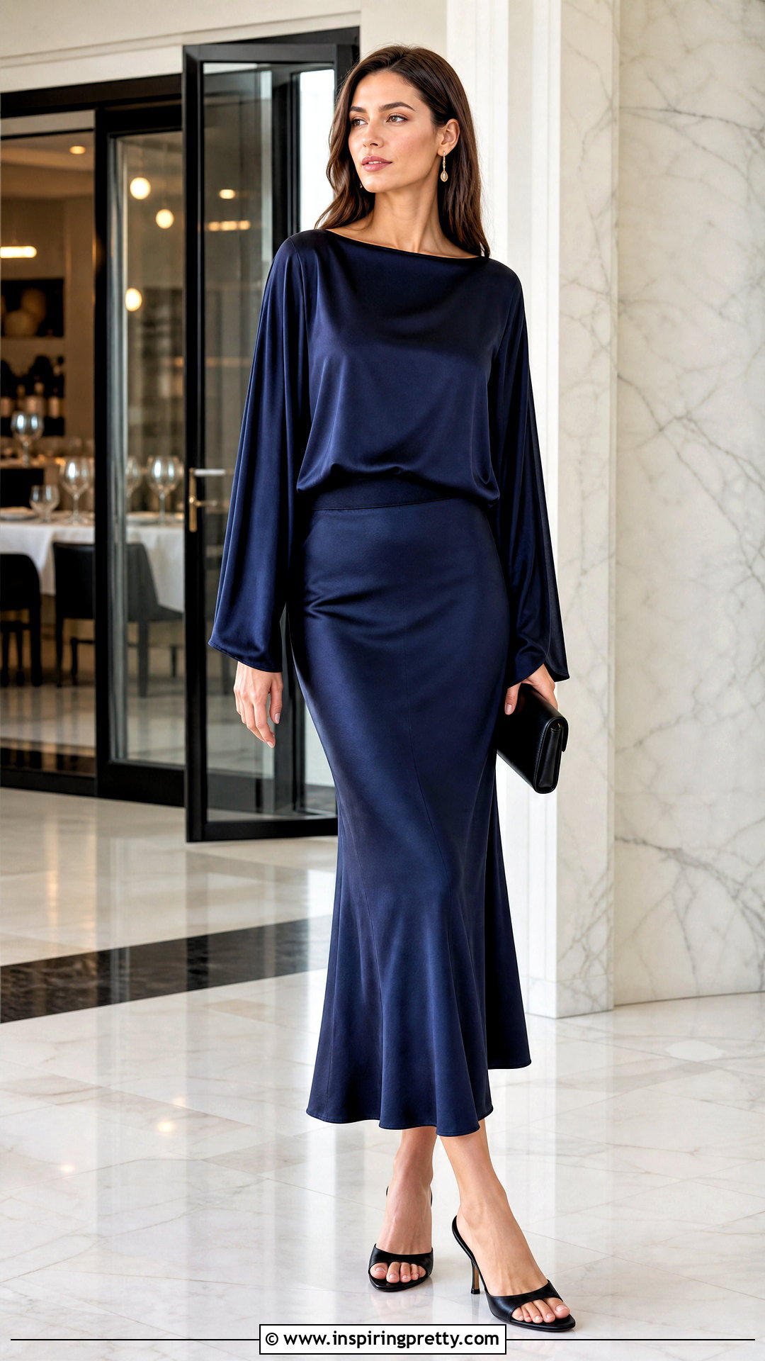 Draped Sleeve Satin Top With Slip Skirt - 50 Satin Top Designs