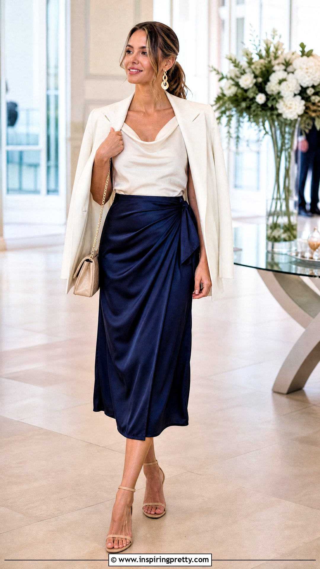 Draped Top And Satin Wrap Skirt Outfit - 50 skirt top outfit ideas